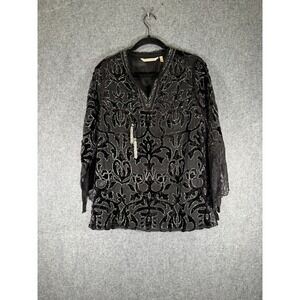 Soft Surroundings Women XS Black Velvet Burnout Tunic Top Metallic Silver Lace